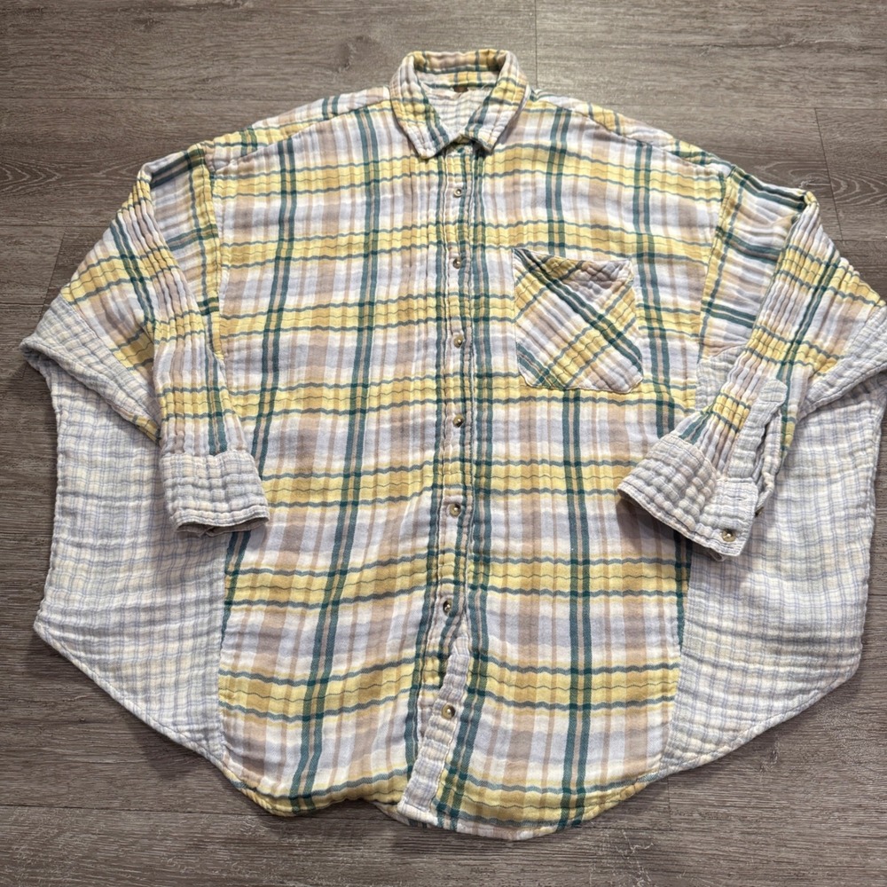 Free People Shirt Women M Yellow Plaid Cotton Lexi Button Gauze Boho Slouchy